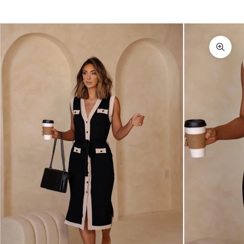 Never worn! Black and White Sheath Midi Dress with V-Neck